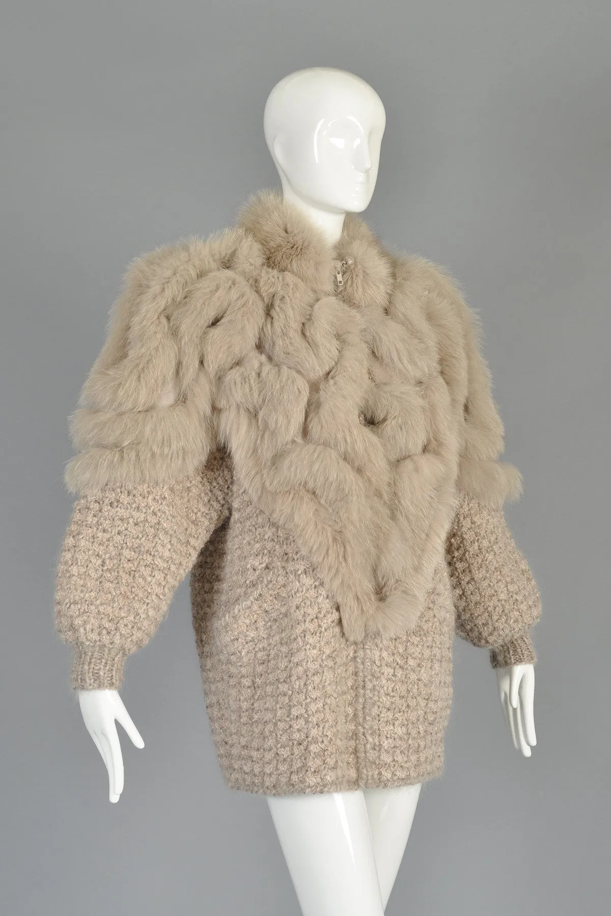 Avant Garde 80s Knit Cocoon Coat w/Fox Fur Shoulders