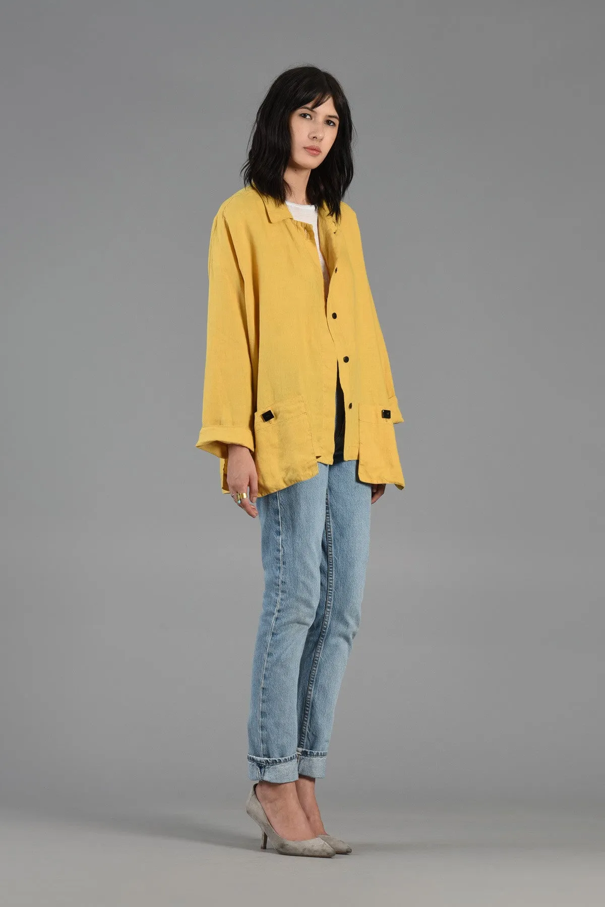 Avant Garde Linen Swing Coat with Applied Pockets
