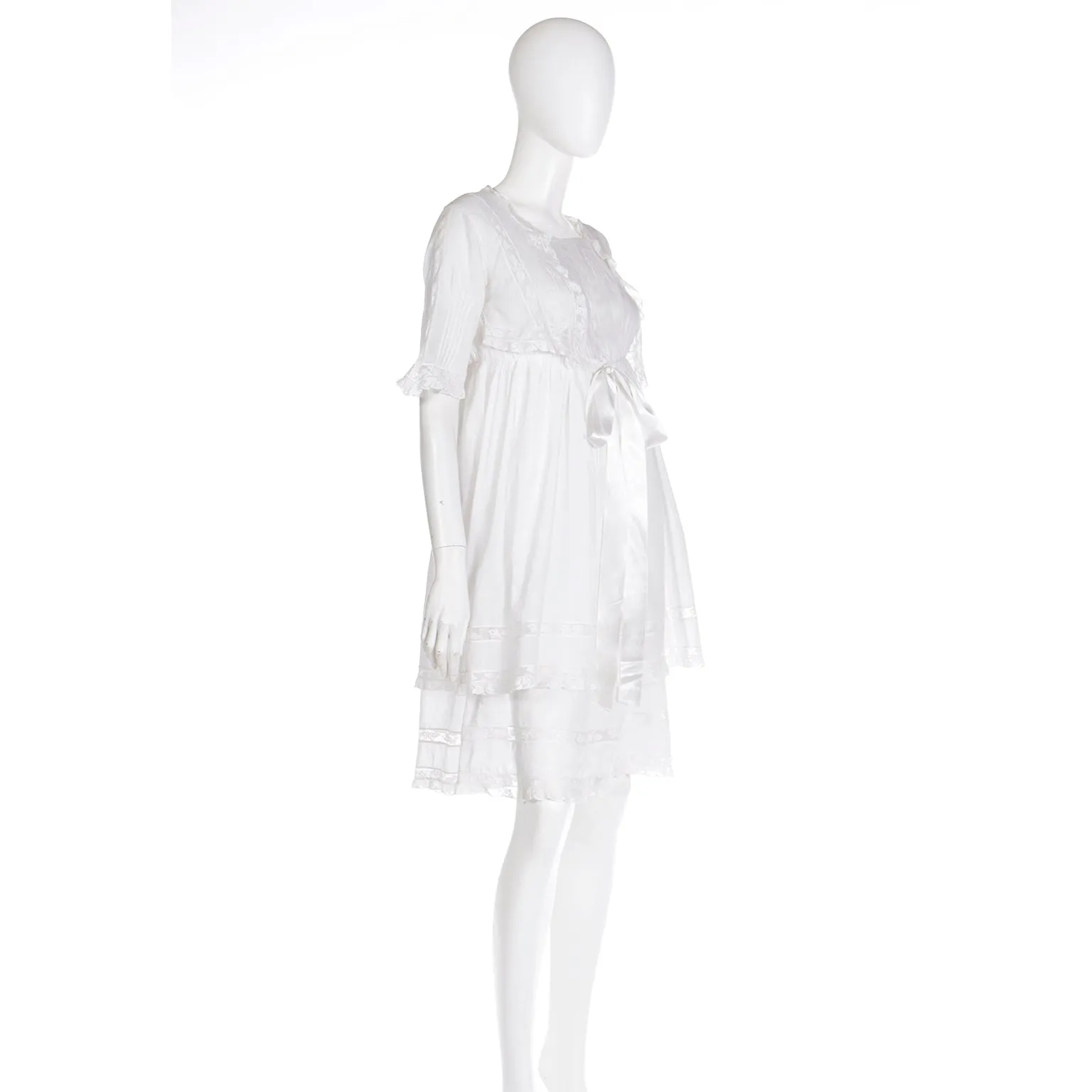 Edwardian White Tiered Vintage Lawn Dress w/ Lace & Satin Ribbon