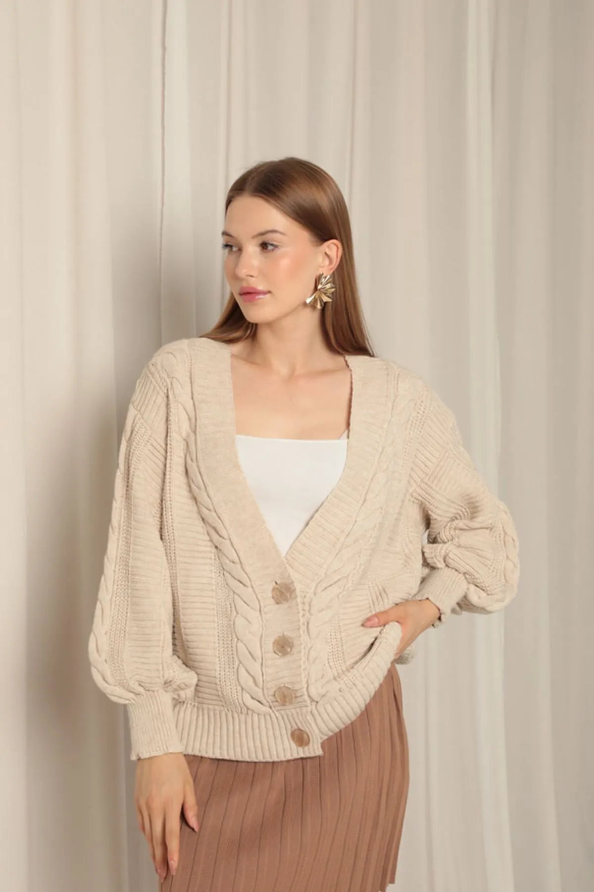 KKT Knitwear Fabric Knit Detailed Women's Stone Cardigan - Rugby