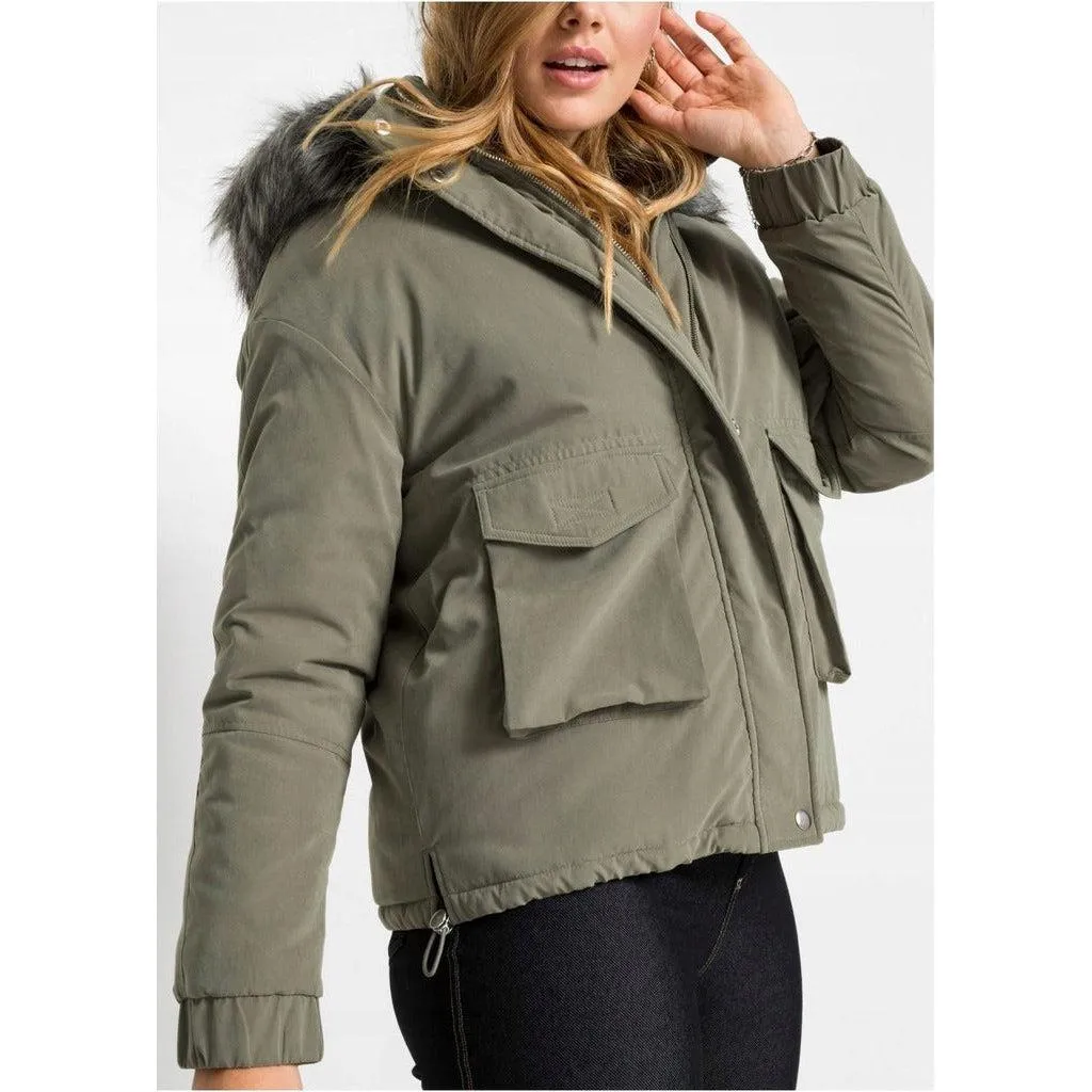 Rainbow Hooded Coat with Fur Trim Dusky Olive UK 10