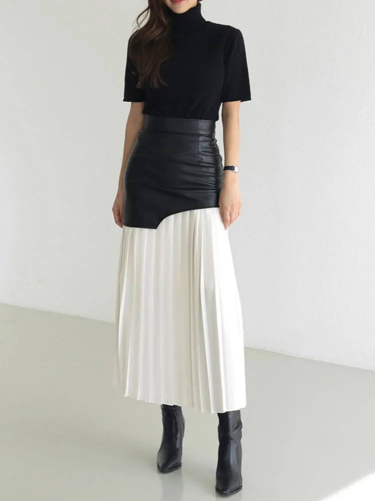 Tami Pleated Skirt with Faux Leather Patchwork - 2 Colors