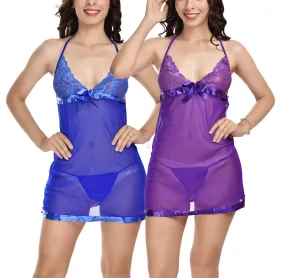 Viral Girl's Women's Blended Solid Knee Length Babydoll (Blue::purple_Free Size) (pack Of 2)